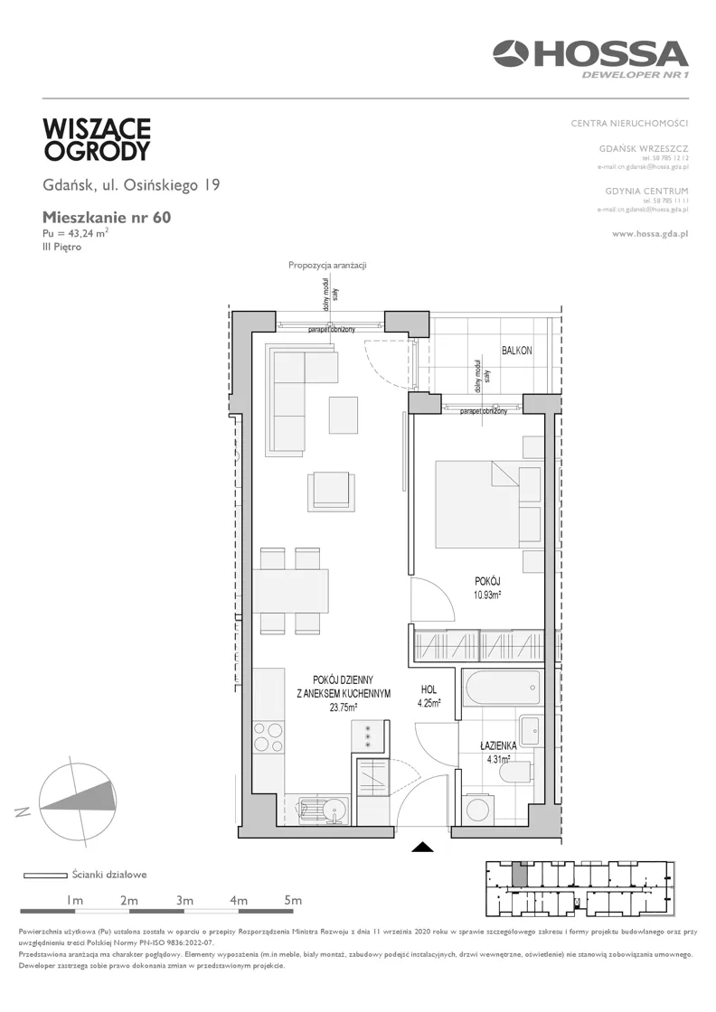 2 pokoje, mieszkanie 43,24 m², piętro 3, oferta nr WO/O19/60, Wiszące Ogrody, Gdańsk, Jasień, Kiełpinek, ul. Przytulna