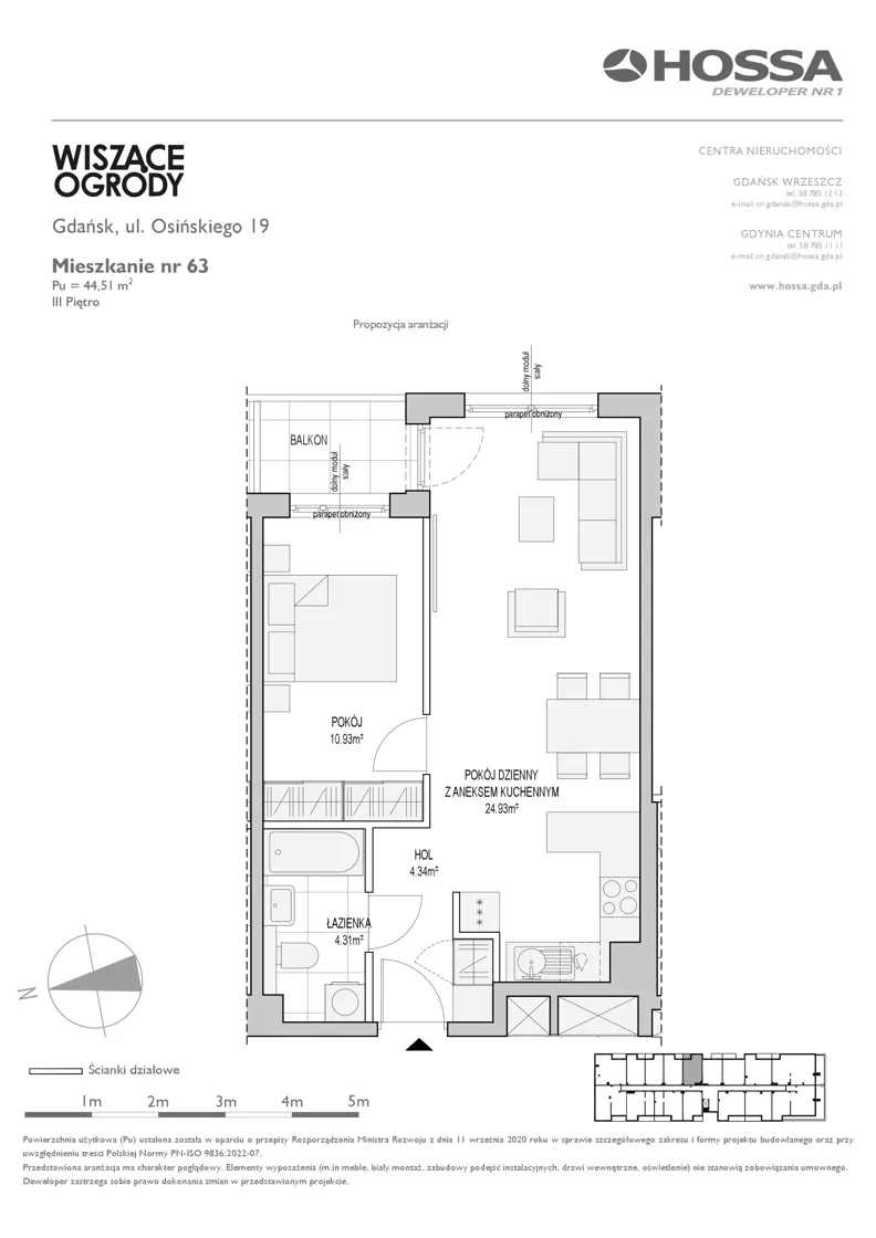 2 pokoje, mieszkanie 44,51 m², piętro 3, oferta nr WO/O19/63, Wiszące Ogrody, Gdańsk, Jasień, Kiełpinek, ul. Przytulna