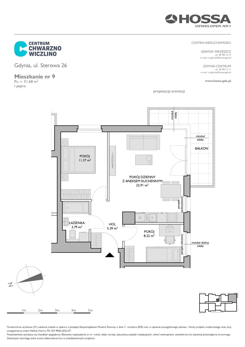 3 pokoje, mieszkanie 51,68 m², piętro 1, oferta nr CCW/S26/9, Centrum Chwarzno - Wiczlino , Gdynia, Chwarzno-Wiczlino, ul. Fregatowa