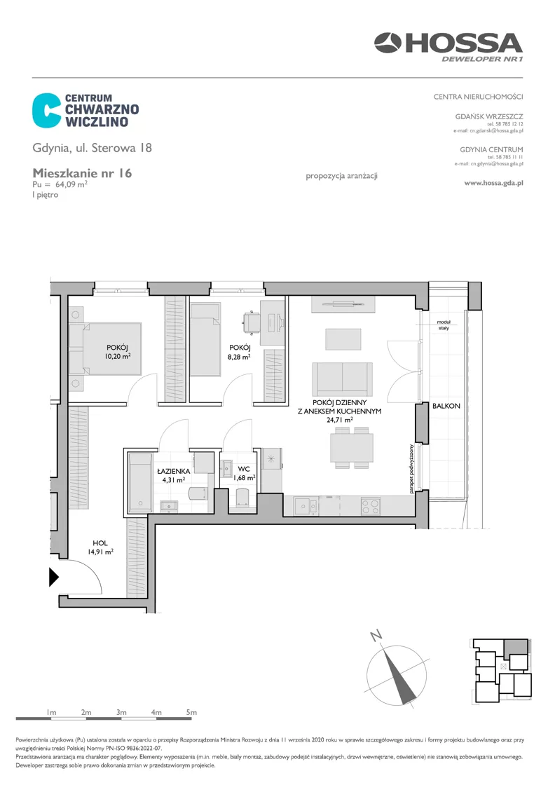 3 pokoje, mieszkanie 64,09 m², piętro 1, oferta nr CCW/S18/16, Centrum Chwarzno - Wiczlino , Gdynia, Chwarzno-Wiczlino, ul. Fregatowa