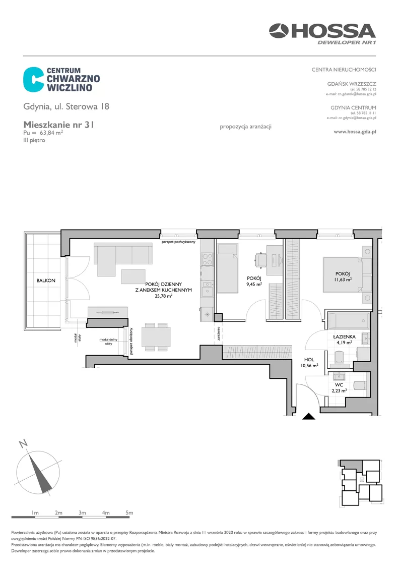 3 pokoje, mieszkanie 63,84 m², piętro 3, oferta nr CCW/S18/31, Centrum Chwarzno - Wiczlino , Gdynia, Chwarzno-Wiczlino, ul. Fregatowa