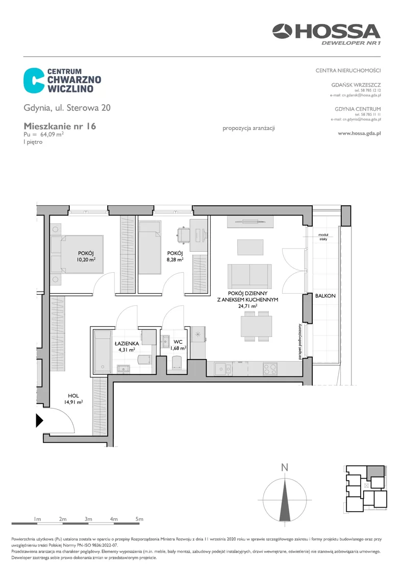 3 pokoje, mieszkanie 64,09 m², piętro 1, oferta nr CCW/S20/16, Centrum Chwarzno - Wiczlino , Gdynia, Chwarzno-Wiczlino, ul. Fregatowa