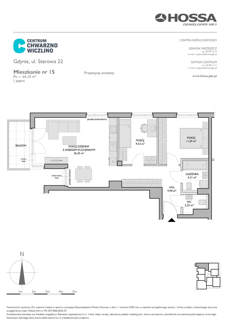 3 pokoje, mieszkanie 64,10 m², piętro 1, oferta nr CCW/S22/15, Centrum Chwarzno - Wiczlino , Gdynia, Chwarzno-Wiczlino, ul. Fregatowa