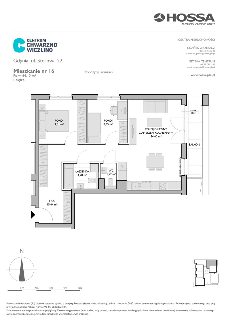 3 pokoje, mieszkanie 64,10 m², piętro 1, oferta nr CCW/S22/16, Centrum Chwarzno - Wiczlino , Gdynia, Chwarzno-Wiczlino, ul. Fregatowa