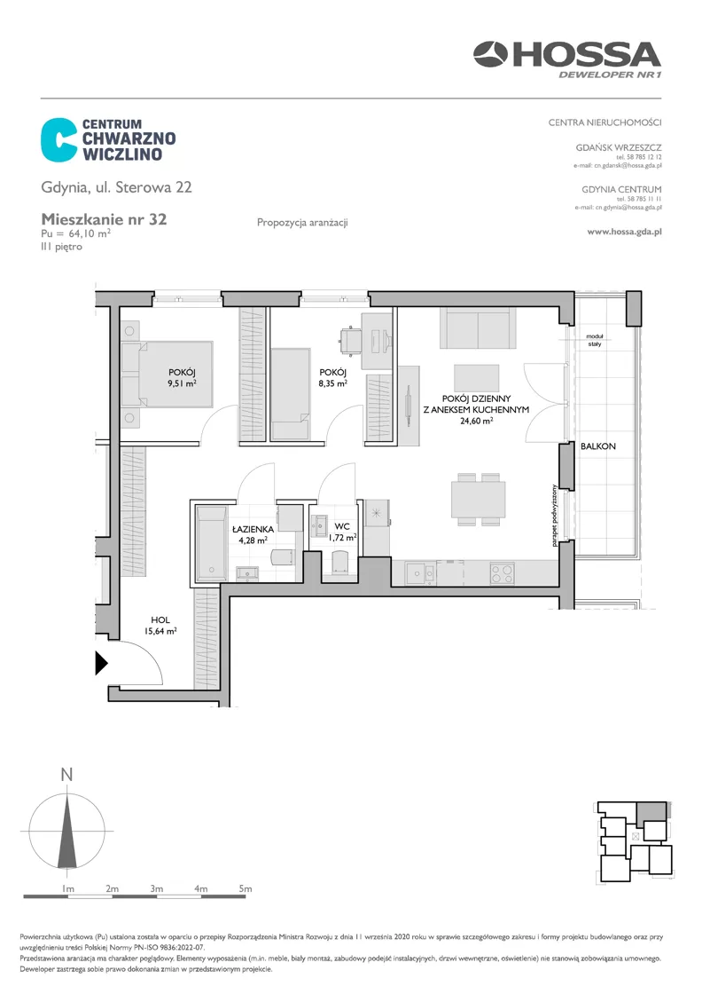3 pokoje, mieszkanie 64,10 m², piętro 3, oferta nr CCW/S22/32, Centrum Chwarzno - Wiczlino , Gdynia, Chwarzno-Wiczlino, ul. Fregatowa