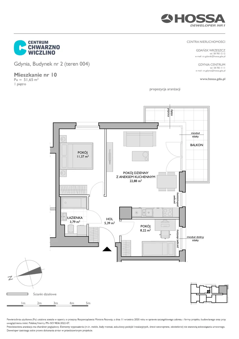 3 pokoje, mieszkanie 51,65 m², piętro 1, oferta nr CCW/B2/10, Centrum Chwarzno - Wiczlino, Gdynia, Chwarzno-Wiczlino, ul. Fregatowa