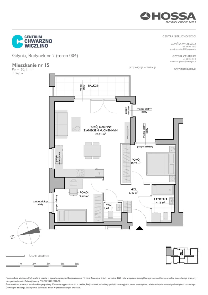 3 pokoje, mieszkanie 60,11 m², piętro 1, oferta nr CCW/B2/15, Centrum Chwarzno - Wiczlino, Gdynia, Chwarzno-Wiczlino, ul. Fregatowa