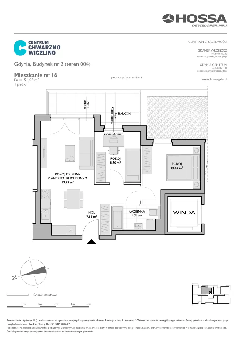 3 pokoje, mieszkanie 51,05 m², piętro 1, oferta nr CCW/B2/16, Centrum Chwarzno - Wiczlino, Gdynia, Chwarzno-Wiczlino, ul. Fregatowa