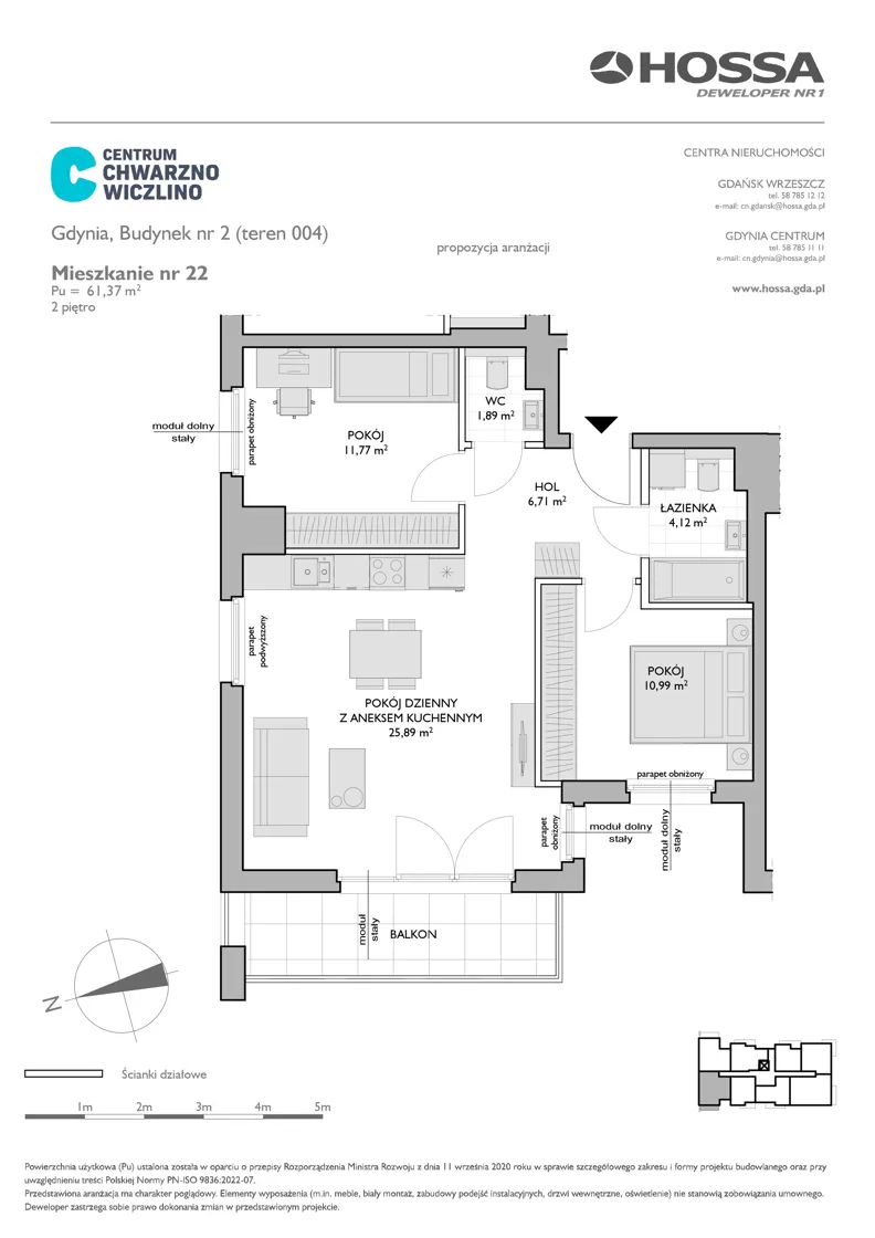 3 pokoje, mieszkanie 61,37 m², piętro 2, oferta nr CCW/B2/22, Centrum Chwarzno - Wiczlino, Gdynia, Chwarzno-Wiczlino, ul. Fregatowa