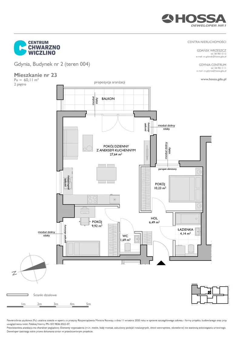 3 pokoje, mieszkanie 60,11 m², piętro 2, oferta nr CCW/B2/23, Centrum Chwarzno - Wiczlino, Gdynia, Chwarzno-Wiczlino, ul. Fregatowa