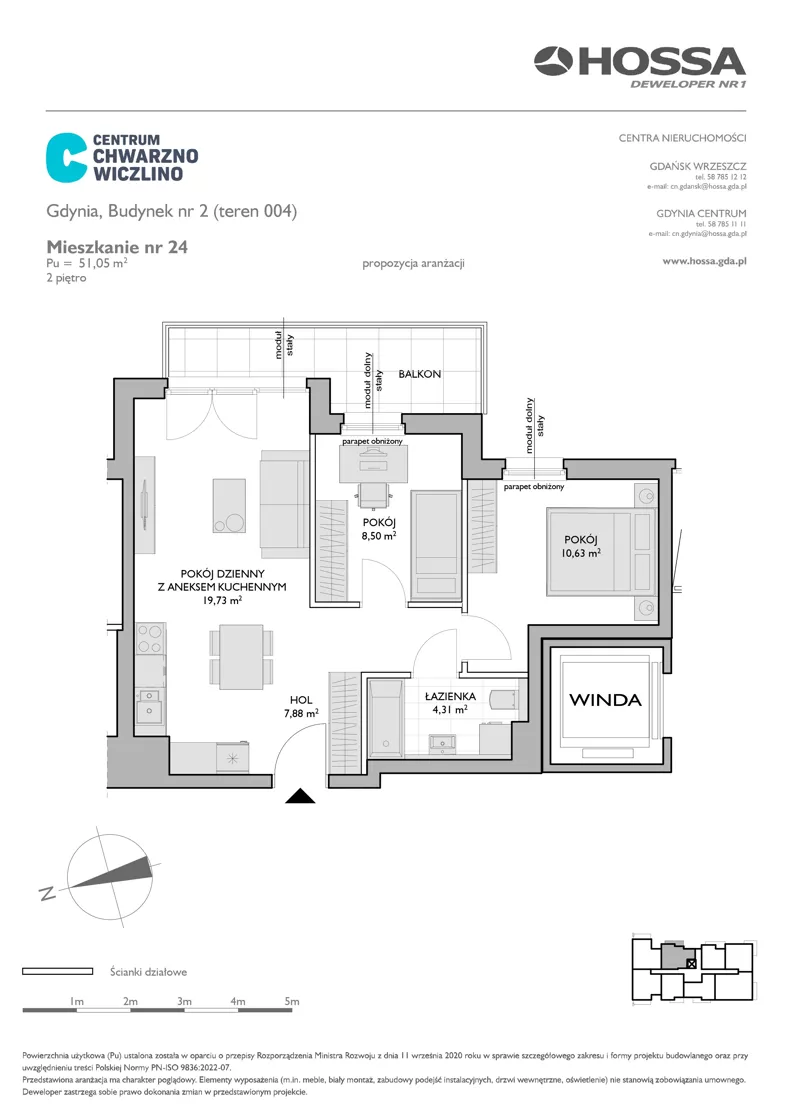 3 pokoje, mieszkanie 51,05 m², piętro 2, oferta nr CCW/B2/24, Centrum Chwarzno - Wiczlino, Gdynia, Chwarzno-Wiczlino, ul. Fregatowa