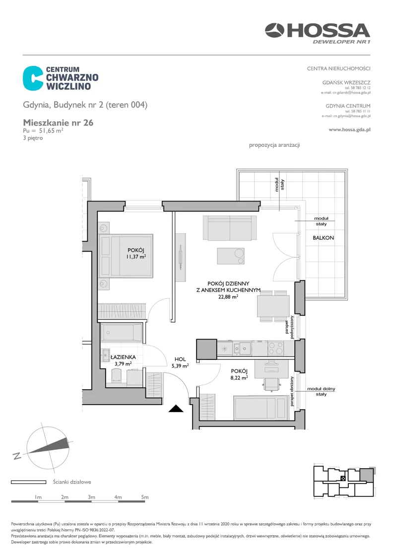 3 pokoje, mieszkanie 51,65 m², piętro 3, oferta nr CCW/B2/26, Centrum Chwarzno - Wiczlino, Gdynia, Chwarzno-Wiczlino, ul. Fregatowa