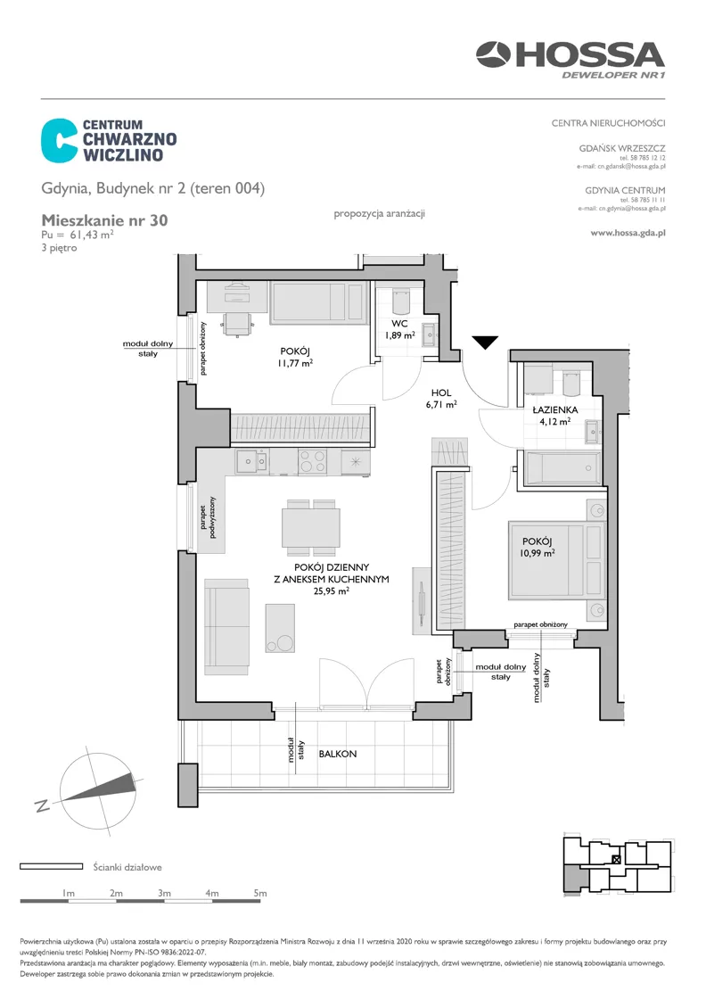 3 pokoje, mieszkanie 61,43 m², piętro 3, oferta nr CCW/B2/30, Centrum Chwarzno - Wiczlino, Gdynia, Chwarzno-Wiczlino, ul. Fregatowa