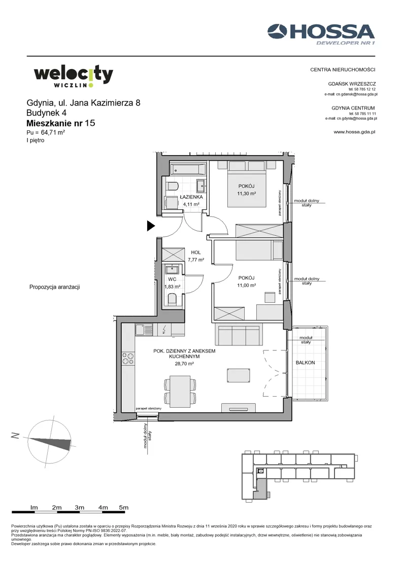 3 pokoje, mieszkanie 64,71 m², piętro 1, oferta nr WW/B4/15, Welocity Wiczlino, Gdynia, Chwarzno-Wiczlino, ul. Jana Kazimierza