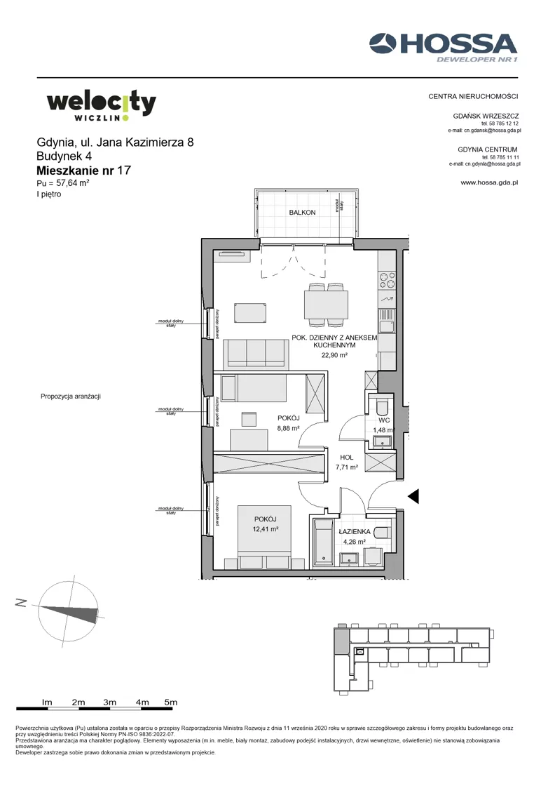 3 pokoje, mieszkanie 57,64 m², piętro 1, oferta nr WW/B4/17, Welocity Wiczlino, Gdynia, Chwarzno-Wiczlino, ul. Jana Kazimierza