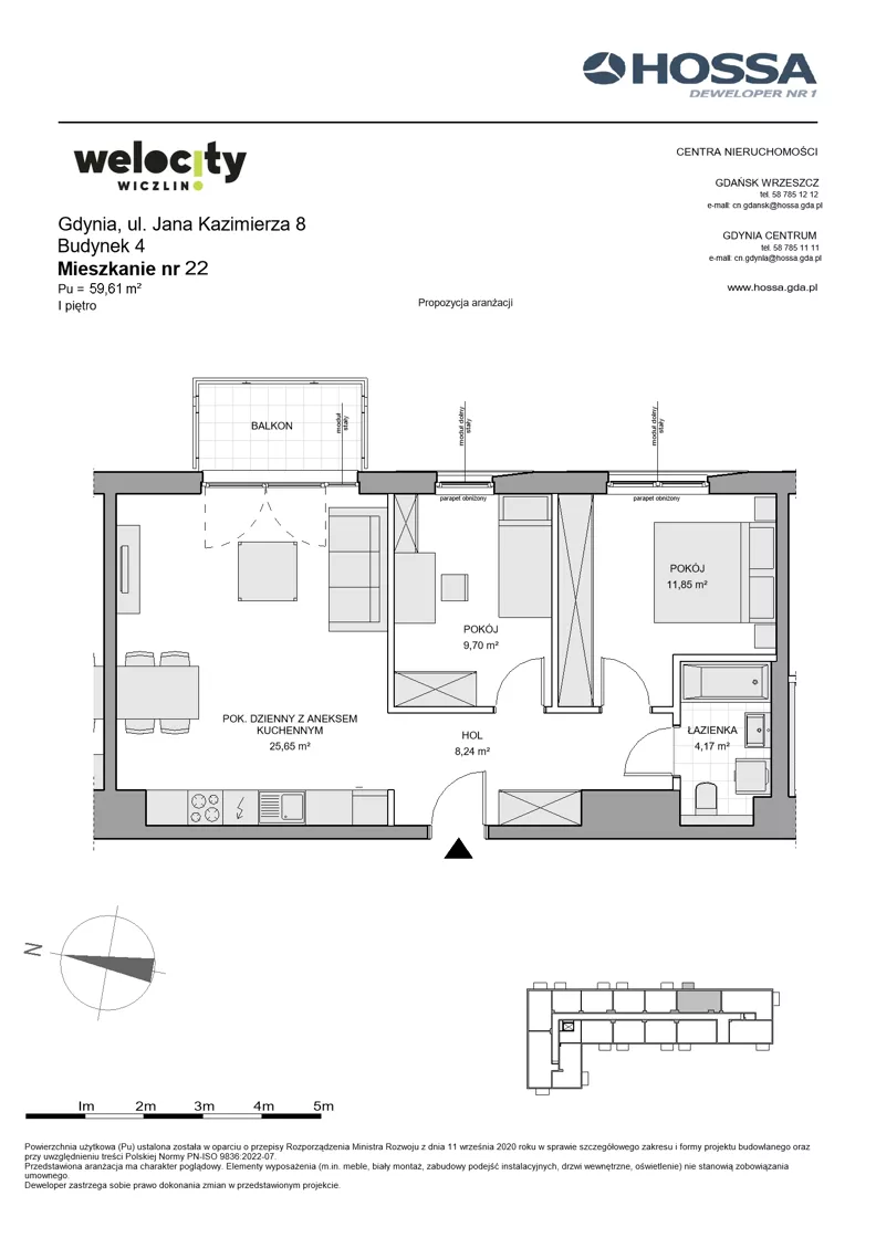 3 pokoje, mieszkanie 59,61 m², piętro 1, oferta nr WW/B4/22, Welocity Wiczlino, Gdynia, Chwarzno-Wiczlino, ul. Jana Kazimierza