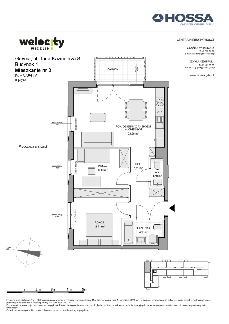 3 pokoje, mieszkanie 57,64 m², piętro 2, oferta nr WW/B4/31, Welocity Wiczlino, Gdynia, Chwarzno-Wiczlino, ul. Jana Kazimierza