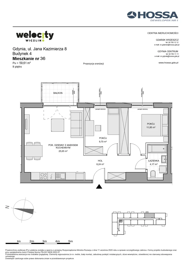 3 pokoje, mieszkanie 59,61 m², piętro 2, oferta nr WW/B4/36, Welocity Wiczlino, Gdynia, Chwarzno-Wiczlino, ul. Jana Kazimierza