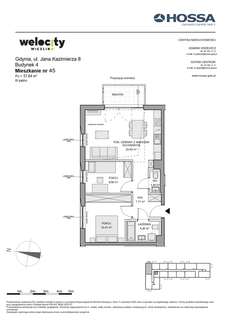 3 pokoje, mieszkanie 57,64 m², piętro 3, oferta nr WW/B4/45, Welocity Wiczlino, Gdynia, Chwarzno-Wiczlino, ul. Jana Kazimierza