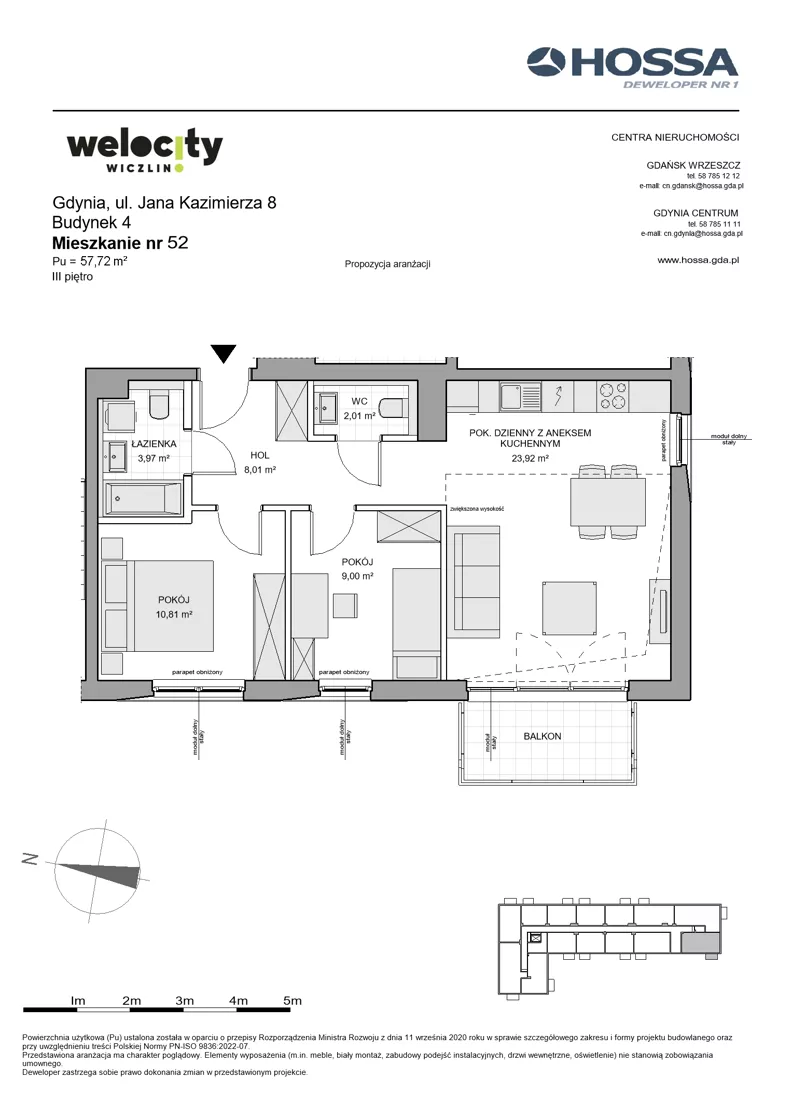 3 pokoje, mieszkanie 57,72 m², piętro 3, oferta nr WW/B4/52, Welocity Wiczlino, Gdynia, Chwarzno-Wiczlino, ul. Jana Kazimierza