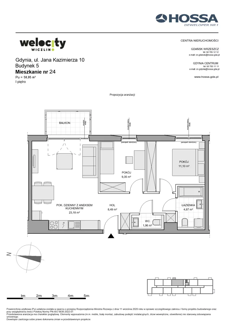 3 pokoje, mieszkanie 58,95 m², piętro 1, oferta nr WW/B5/24, Welocity Wiczlino, Gdynia, Chwarzno-Wiczlino, ul. Jana Kazimierza