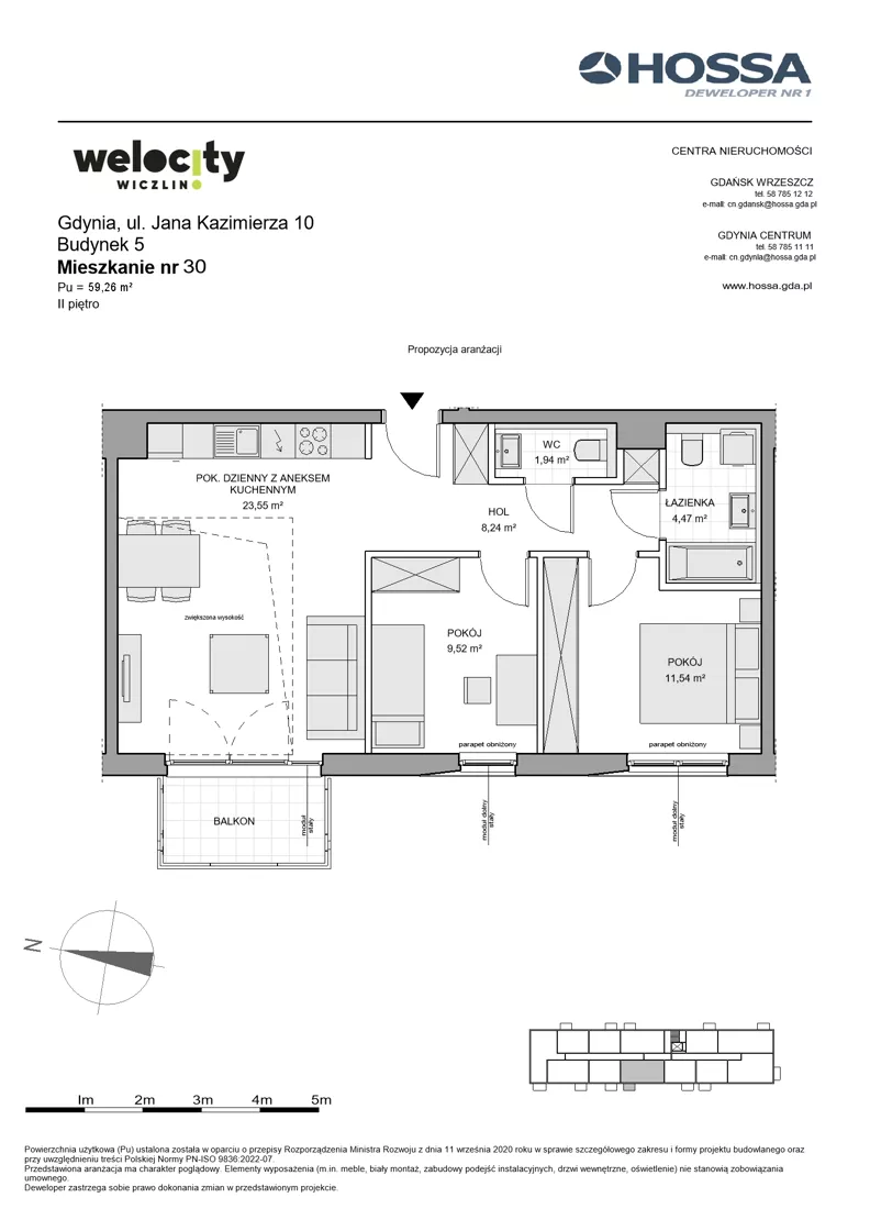 3 pokoje, mieszkanie 59,26 m², piętro 2, oferta nr WW/B5/30, Welocity Wiczlino, Gdynia, Chwarzno-Wiczlino, ul. Jana Kazimierza