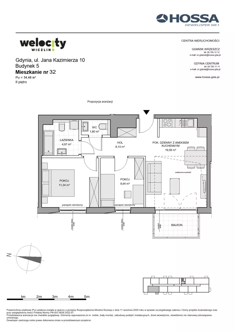 3 pokoje, mieszkanie 54,46 m², piętro 2, oferta nr WW/B5/32, Welocity Wiczlino, Gdynia, Chwarzno-Wiczlino, ul. Jana Kazimierza