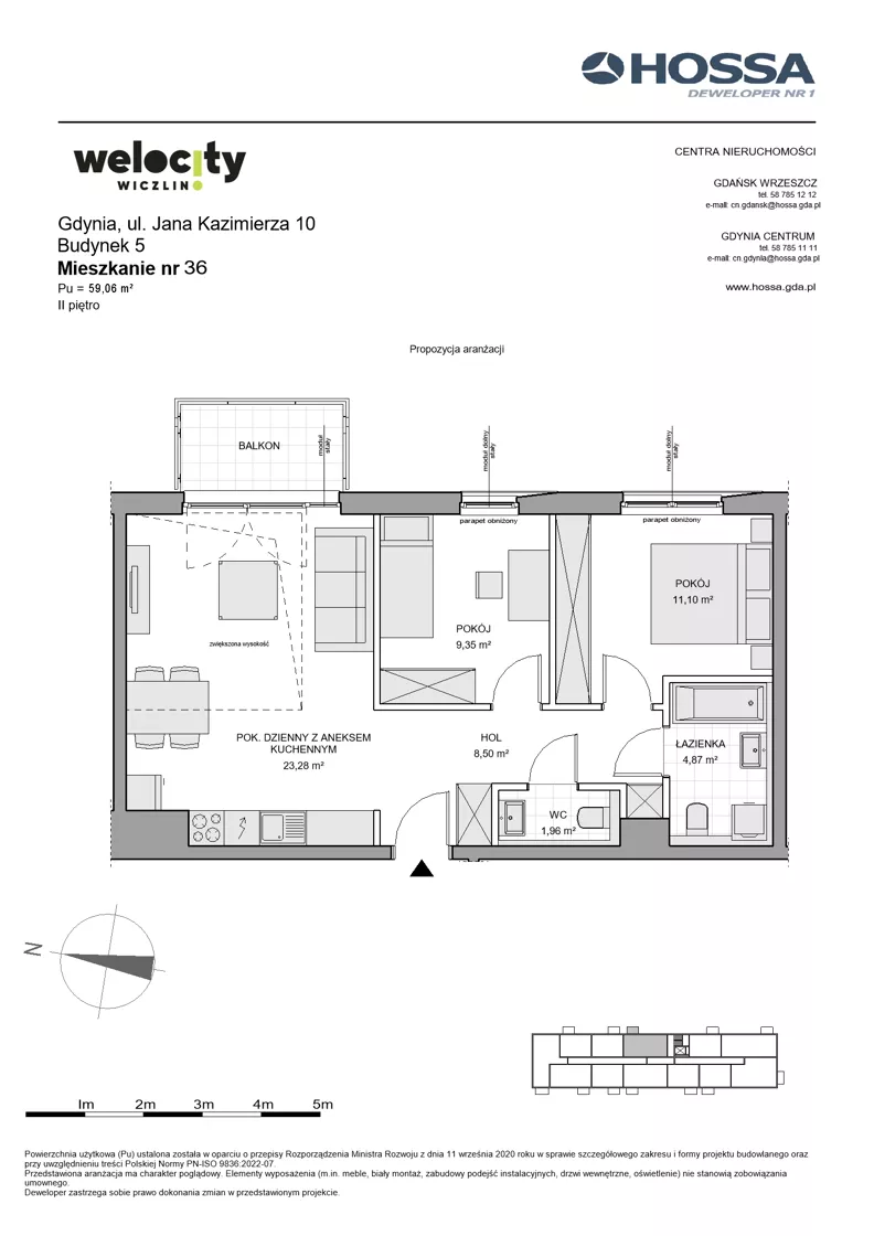 3 pokoje, mieszkanie 59,06 m², piętro 2, oferta nr WW/B5/36, Welocity Wiczlino, Gdynia, Chwarzno-Wiczlino, ul. Jana Kazimierza