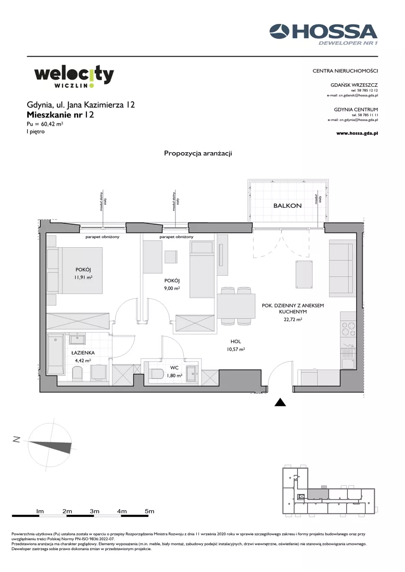 3 pokoje, mieszkanie 60,42 m², piętro 1, oferta nr WW/JK12/12, Welocity Wiczlino, Gdynia, Chwarzno-Wiczlino, ul. Jana Kazimierza