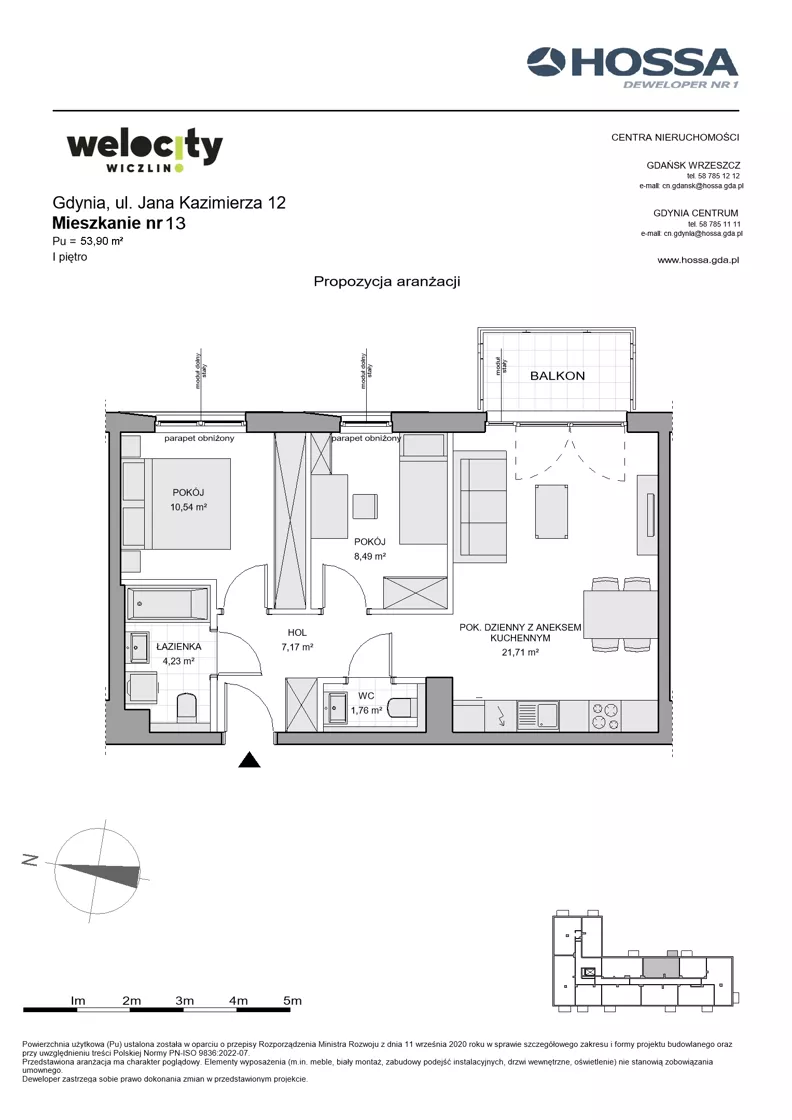 3 pokoje, mieszkanie 53,90 m², piętro 1, oferta nr WW/JK12/13, Welocity Wiczlino, Gdynia, Chwarzno-Wiczlino, ul. Jana Kazimierza