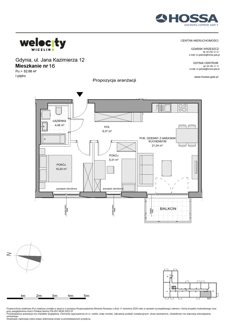 3 pokoje, mieszkanie 52,68 m², piętro 1, oferta nr WW/JK12/16, Welocity Wiczlino, Gdynia, Chwarzno-Wiczlino, ul. Jana Kazimierza