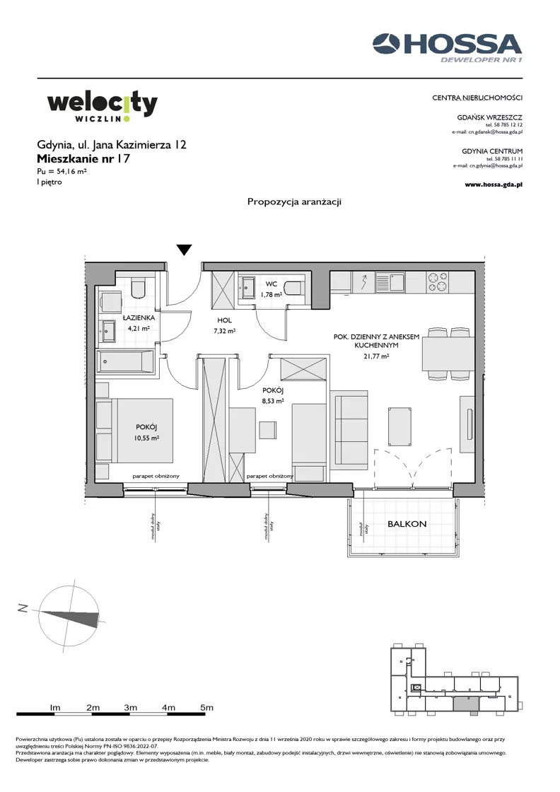 3 pokoje, mieszkanie 54,16 m², piętro 1, oferta nr WW/JK12/17, Welocity Wiczlino, Gdynia, Chwarzno-Wiczlino, ul. Jana Kazimierza