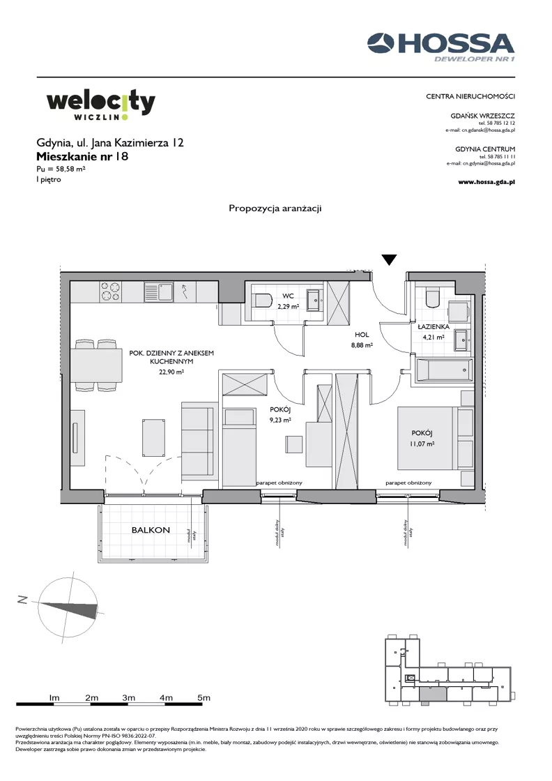 3 pokoje, mieszkanie 58,58 m², piętro 1, oferta nr WW/JK12/18, Welocity Wiczlino, Gdynia, Chwarzno-Wiczlino, ul. Jana Kazimierza