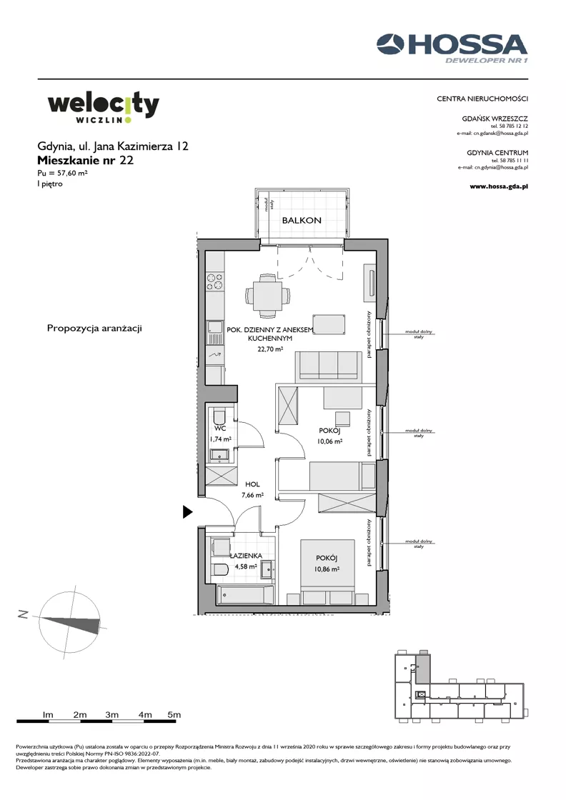 3 pokoje, mieszkanie 57,60 m², piętro 1, oferta nr WW/JK12/22, Welocity Wiczlino, Gdynia, Chwarzno-Wiczlino, ul. Jana Kazimierza