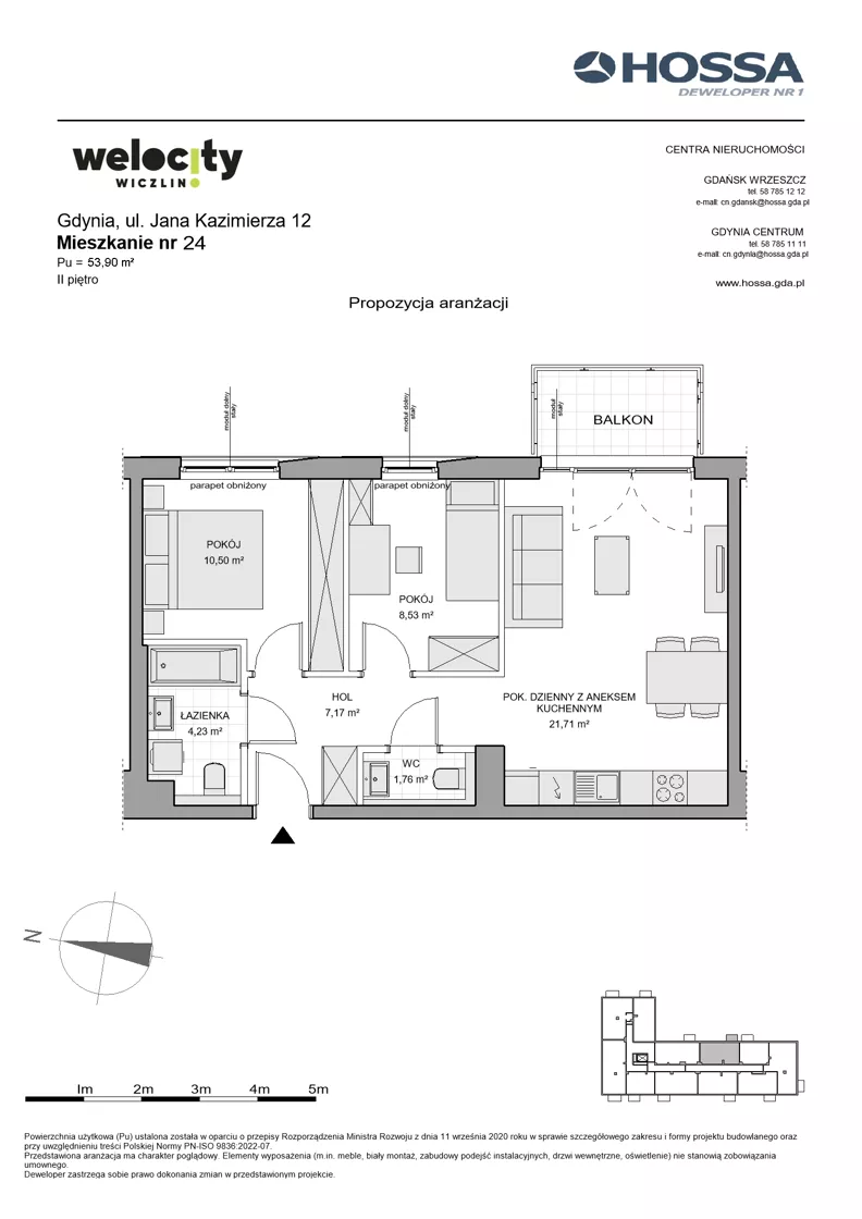 3 pokoje, mieszkanie 53,90 m², piętro 2, oferta nr WW/JK12/24, Welocity Wiczlino, Gdynia, Chwarzno-Wiczlino, ul. Jana Kazimierza