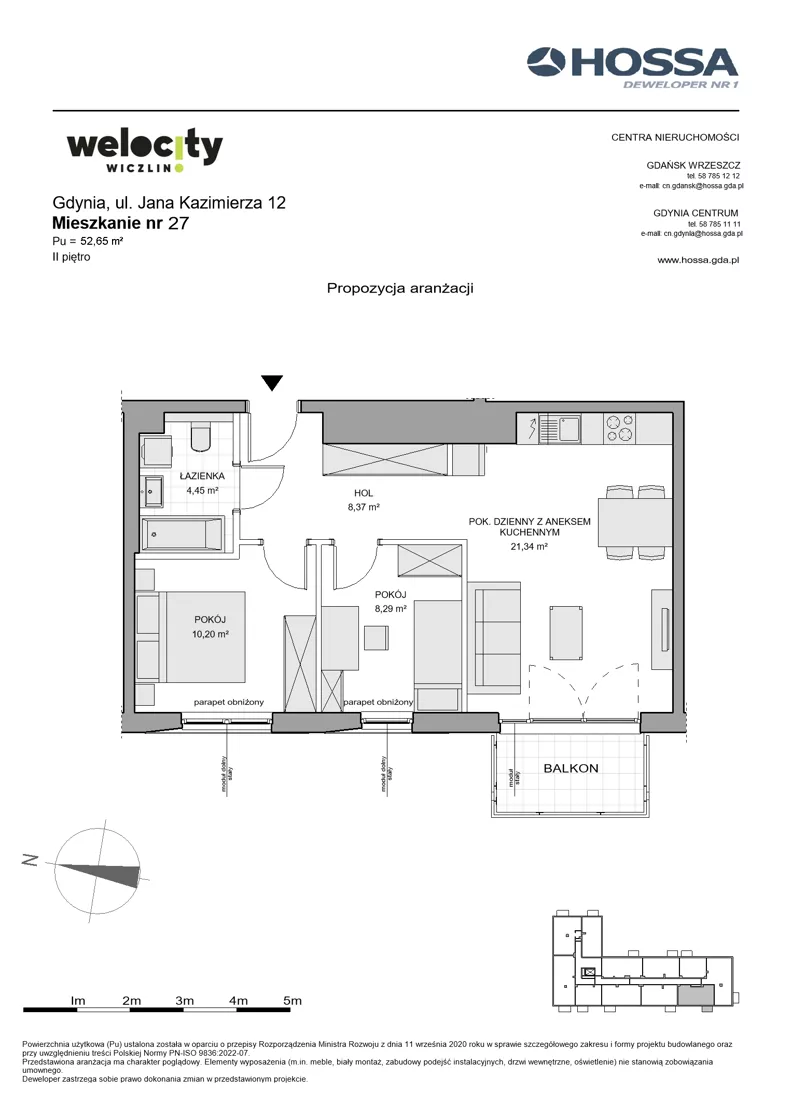 3 pokoje, mieszkanie 52,65 m², piętro 2, oferta nr WW/JK12/27, Welocity Wiczlino, Gdynia, Chwarzno-Wiczlino, ul. Jana Kazimierza
