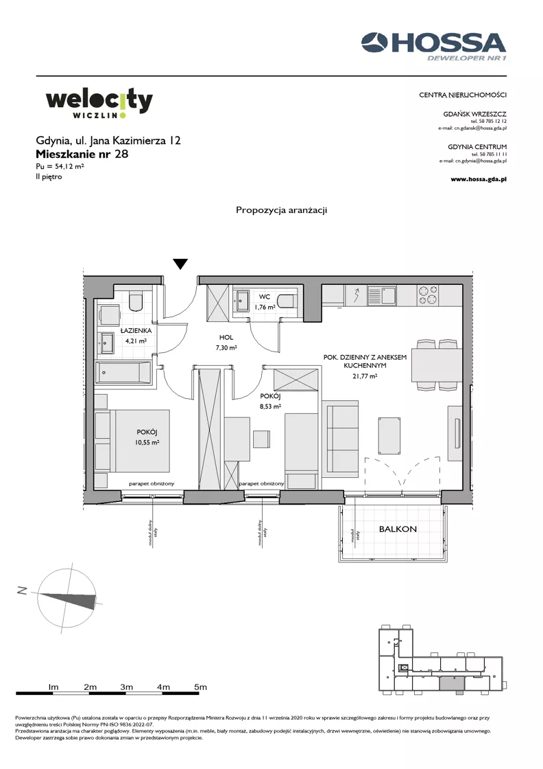 3 pokoje, mieszkanie 54,12 m², piętro 2, oferta nr WW/JK12/28, Welocity Wiczlino, Gdynia, Chwarzno-Wiczlino, ul. Jana Kazimierza