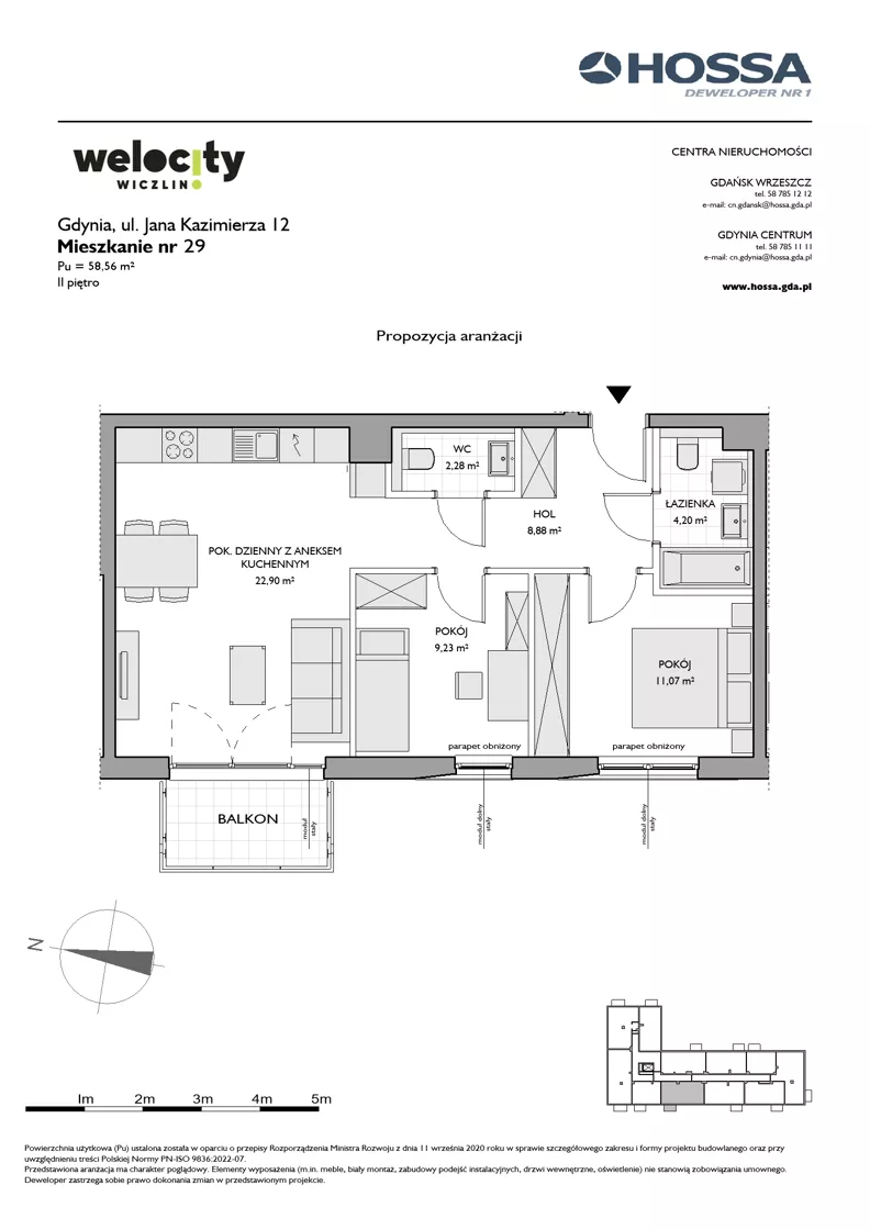 3 pokoje, mieszkanie 58,56 m², piętro 2, oferta nr WW/JK12/29, Welocity Wiczlino, Gdynia, Chwarzno-Wiczlino, ul. Jana Kazimierza