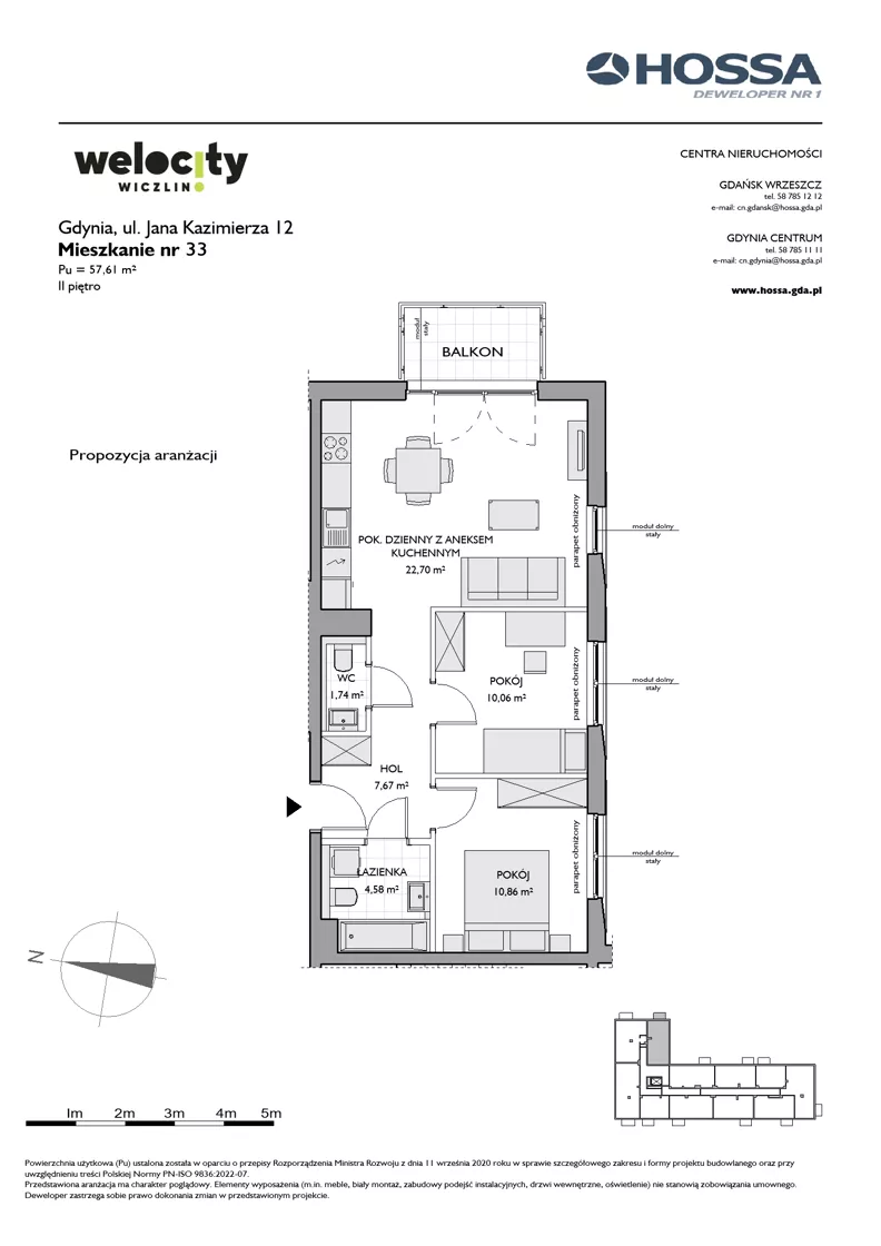 3 pokoje, mieszkanie 57,61 m², piętro 2, oferta nr WW/JK12/33, Welocity Wiczlino, Gdynia, Chwarzno-Wiczlino, ul. Jana Kazimierza
