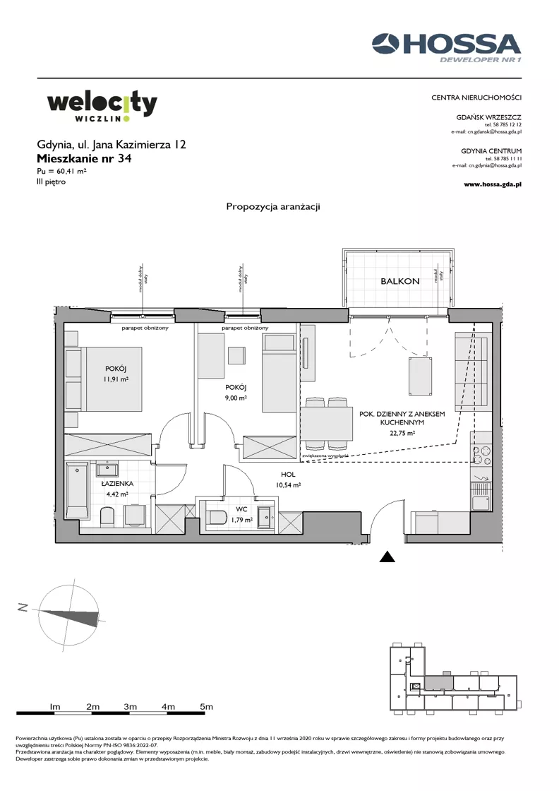 3 pokoje, mieszkanie 60,41 m², piętro 3, oferta nr WW/JK12/34, Welocity Wiczlino, Gdynia, Chwarzno-Wiczlino, ul. Jana Kazimierza