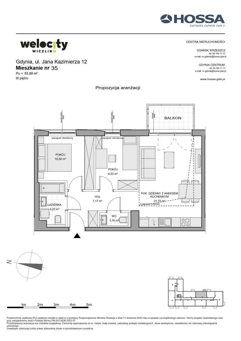 3 pokoje, mieszkanie 53,89 m², piętro 3, oferta nr WW/JK12/35, Welocity Wiczlino, Gdynia, Chwarzno-Wiczlino, ul. Jana Kazimierza