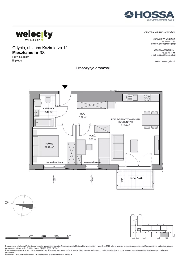 3 pokoje, mieszkanie 52,68 m², piętro 3, oferta nr WW/JK12/38, Welocity Wiczlino, Gdynia, Chwarzno-Wiczlino, ul. Jana Kazimierza