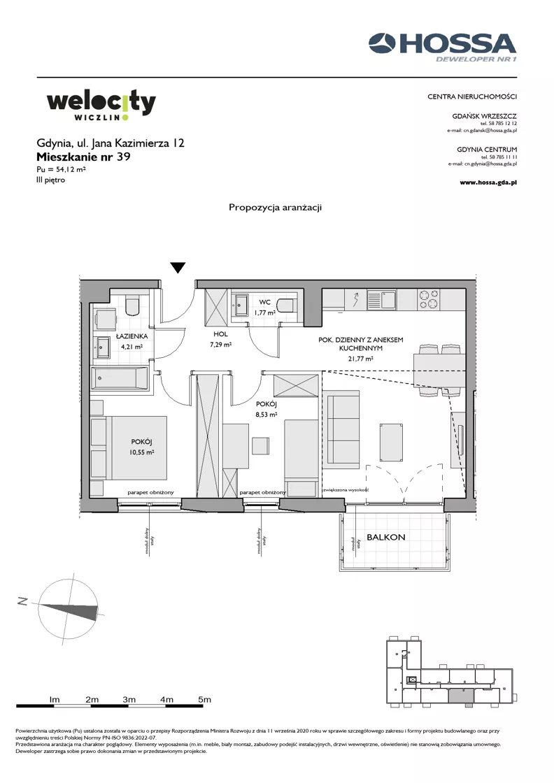 3 pokoje, mieszkanie 54,12 m², piętro 3, oferta nr WW/JK12/39, Welocity Wiczlino, Gdynia, Chwarzno-Wiczlino, ul. Jana Kazimierza