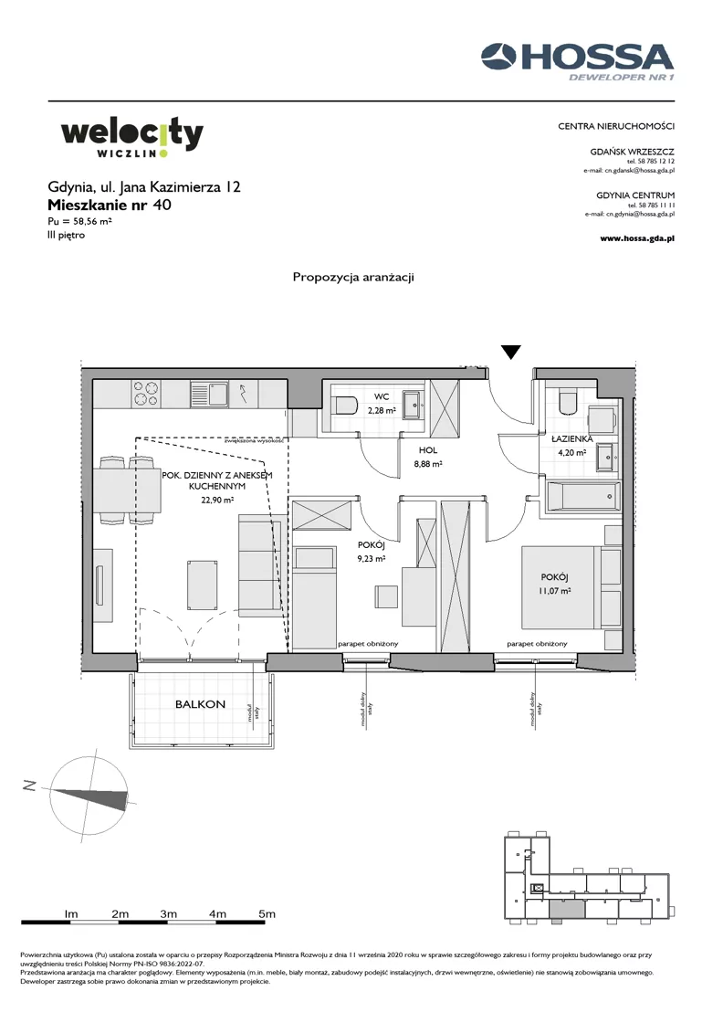3 pokoje, mieszkanie 58,56 m², piętro 3, oferta nr WW/JK12/40, Welocity Wiczlino, Gdynia, Chwarzno-Wiczlino, ul. Jana Kazimierza