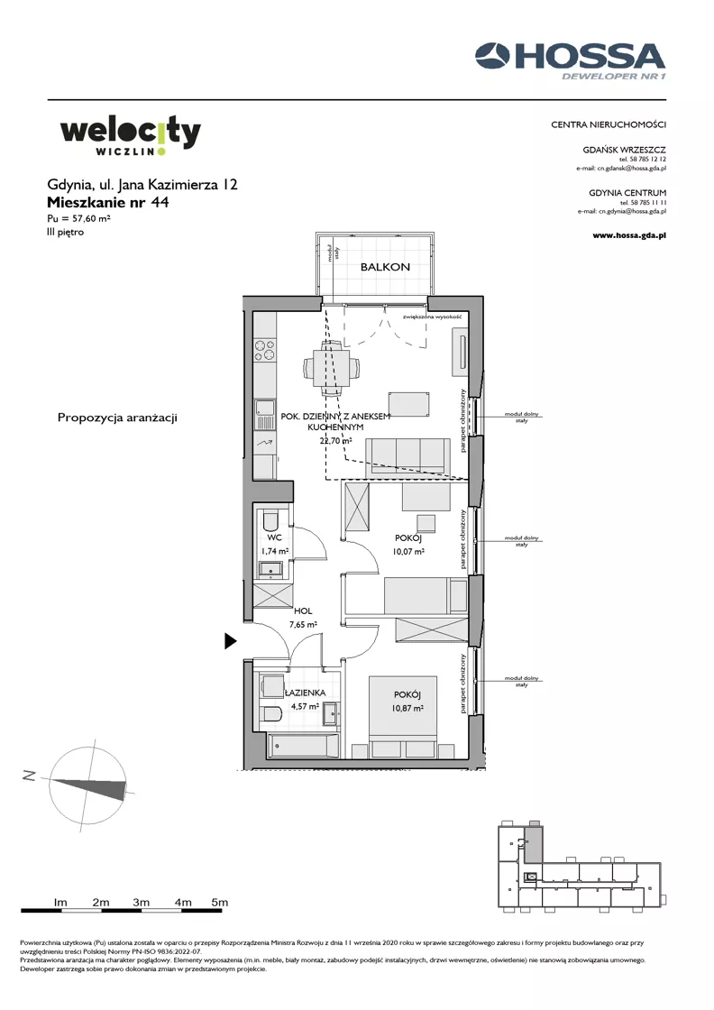 3 pokoje, mieszkanie 57,60 m², piętro 3, oferta nr WW/JK12/44, Welocity Wiczlino, Gdynia, Chwarzno-Wiczlino, ul. Jana Kazimierza