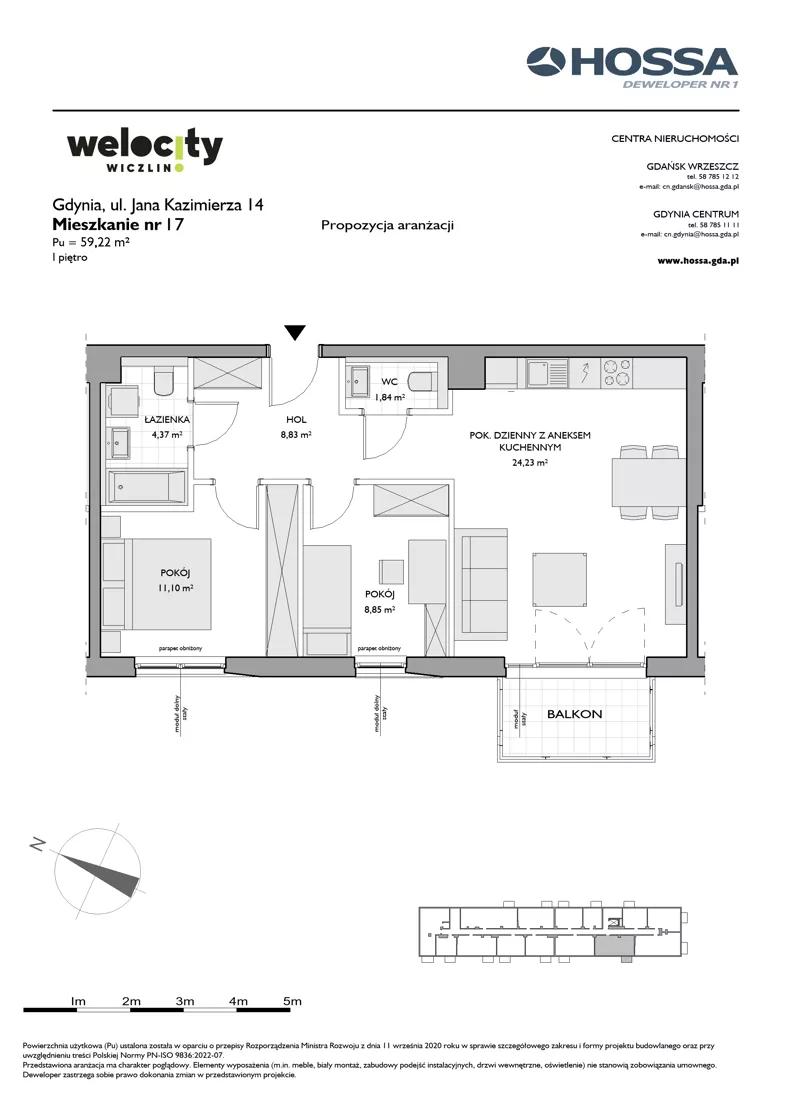 3 pokoje, mieszkanie 59,22 m², piętro 1, oferta nr WW/JK14/17, Welocity Wiczlino, Gdynia, Chwarzno-Wiczlino, ul. Jana Kazimierza