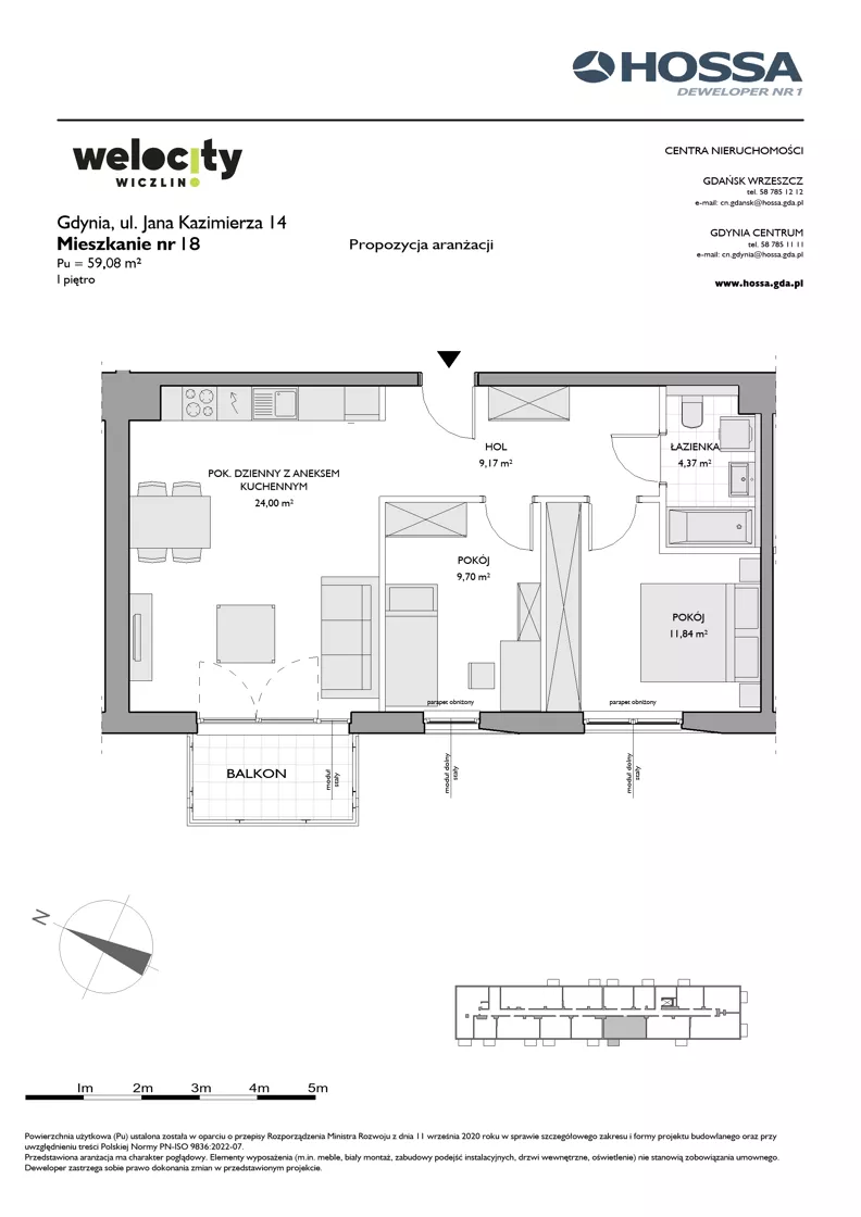 3 pokoje, mieszkanie 59,08 m², piętro 1, oferta nr WW/JK14/18, Welocity Wiczlino, Gdynia, Chwarzno-Wiczlino, ul. Jana Kazimierza