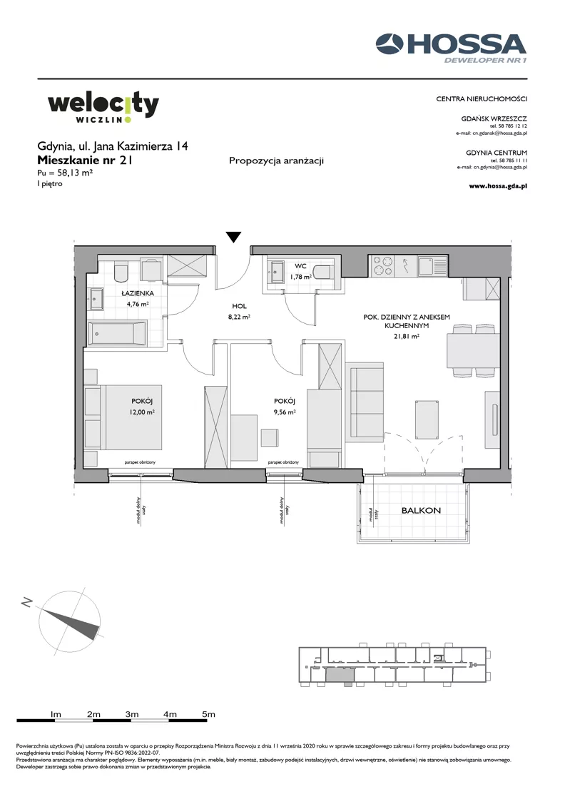 3 pokoje, mieszkanie 58,13 m², piętro 1, oferta nr WW/JK14/21, Welocity Wiczlino, Gdynia, Chwarzno-Wiczlino, ul. Jana Kazimierza
