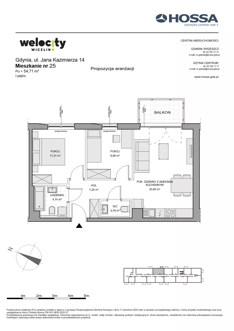 3 pokoje, mieszkanie 54,71 m², piętro 1, oferta nr WW/JK14/25, Welocity Wiczlino, Gdynia, Chwarzno-Wiczlino, ul. Jana Kazimierza