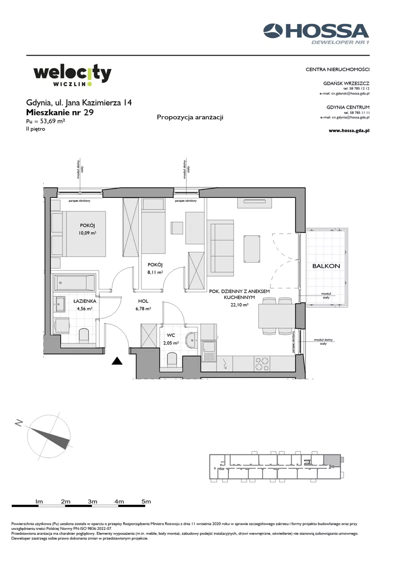 3 pokoje, mieszkanie 53,69 m², piętro 2, oferta nr WW/JK14/29, Welocity Wiczlino, Gdynia, Chwarzno-Wiczlino, ul. Jana Kazimierza